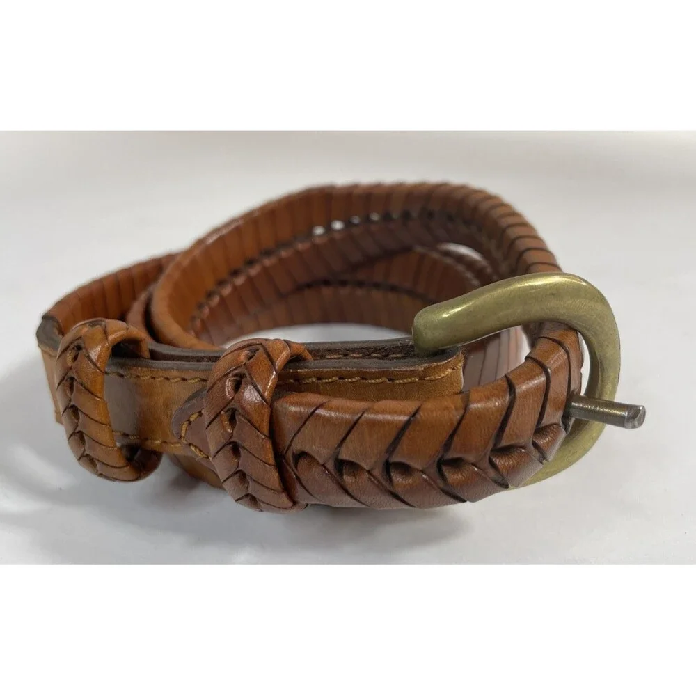 Tan Brown Braided Leather Belt Brass Buckle Women's Size 34 65106